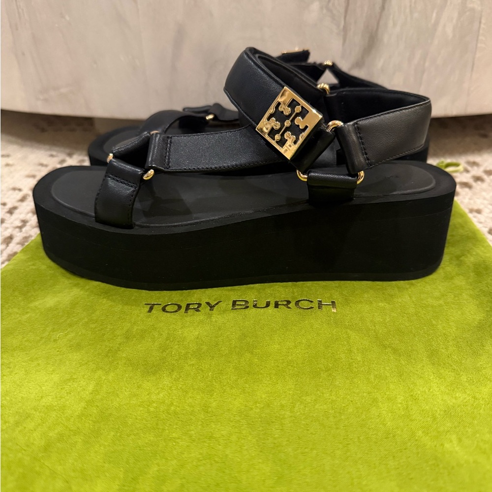 Tory Burch Black Leather Platform Sandals with Gold Logo